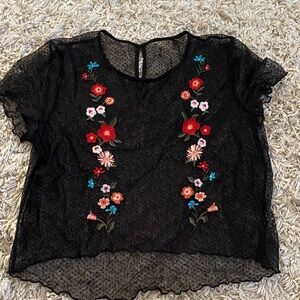 Floral Embroidered Sheer Black Lace Top